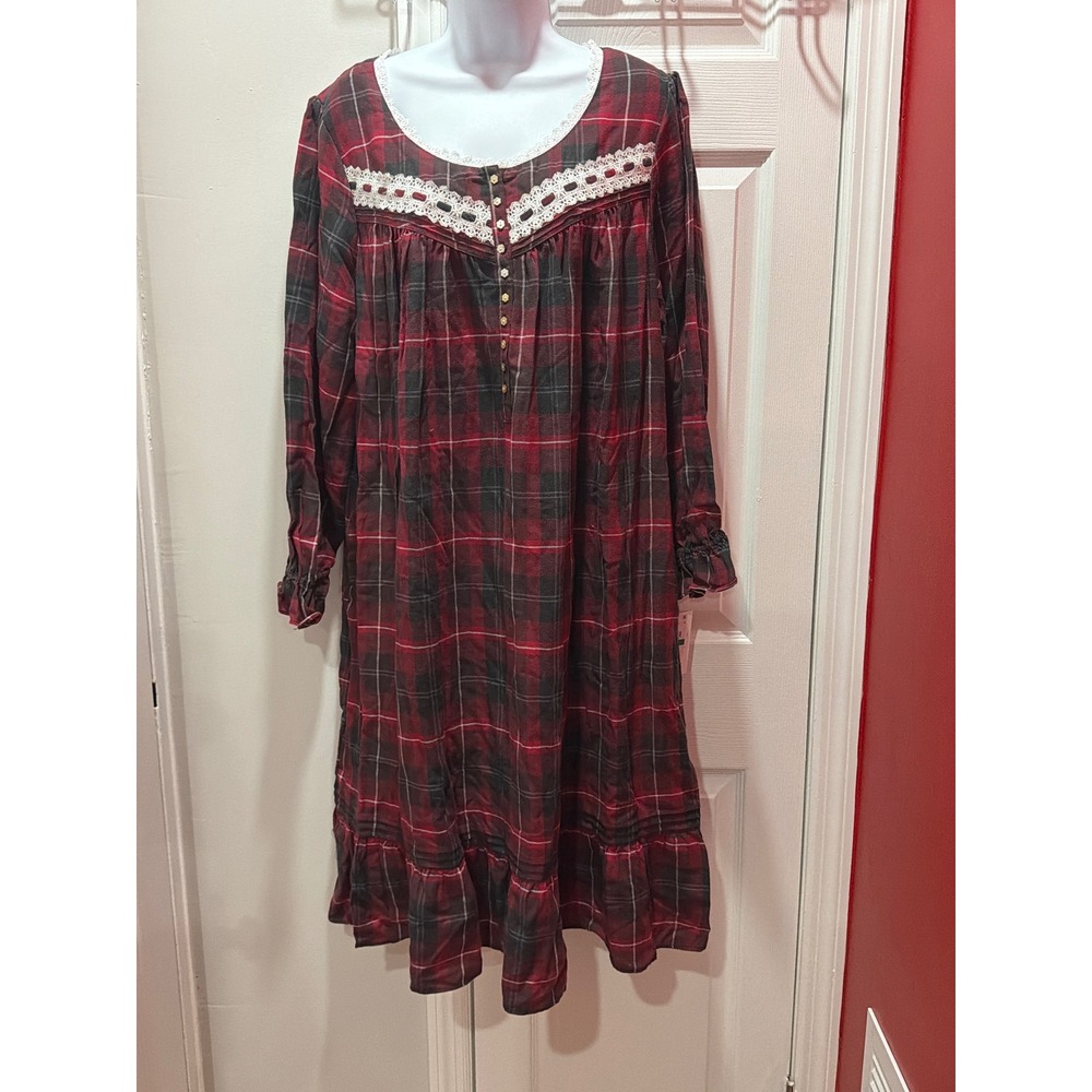 NWT Eileen West Nightgown Womens L Red Black Plaid Lace Trim Cotton Blend NWT L - Picture 9 of 12